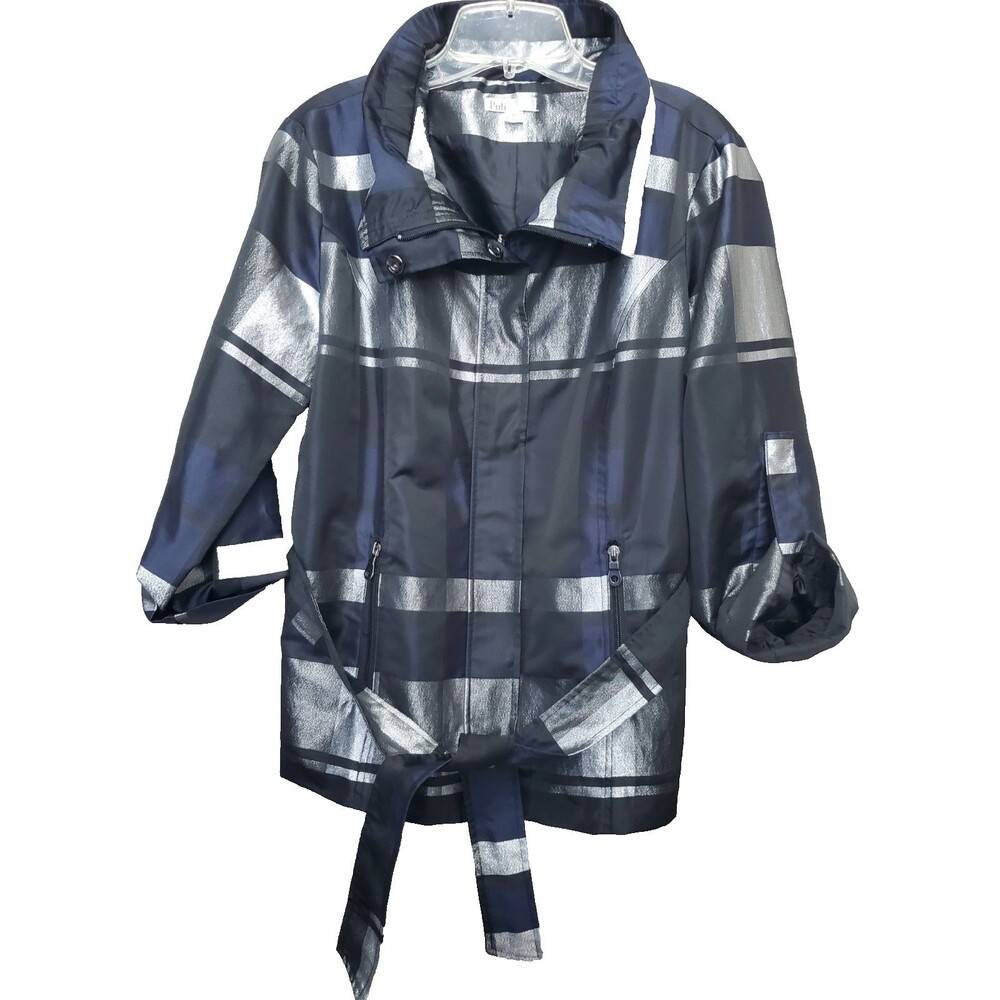 Puli Lurex Shimmer Plaid Belted Stand Collar Zip & Snap Up Jacket Size Medium